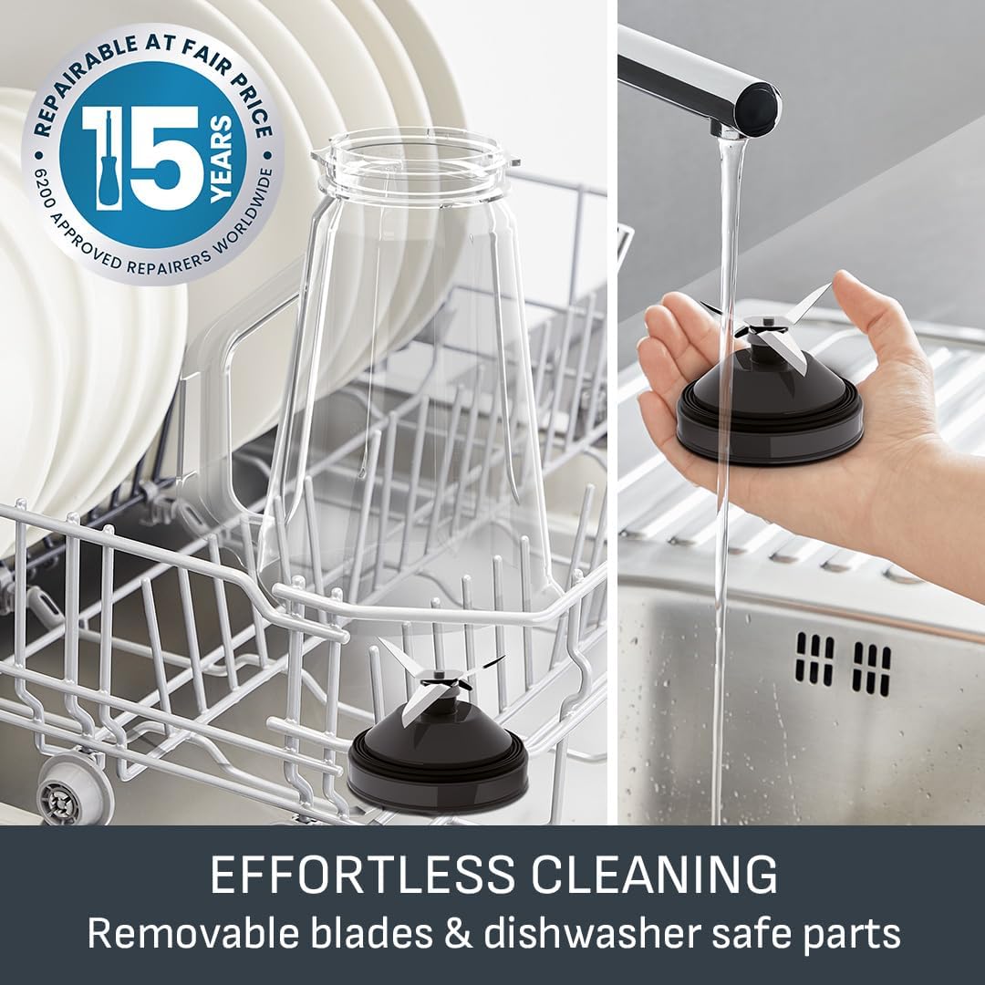 Tefal Blendforce II Blender, 2L Plastic Jug, 1.25L Effective Capacity, 600W, 4 Removable Stainless Steel Blades, Smoothie, Ice Crush, 2 Speeds + Pulse, Kitchen Shakes Maker, Black - Image 5