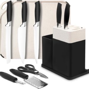 Knife Set with Block, 10 Pieces with Built-in Sharpener, Scissors, Peeler, Grater, Chopping Board - Dishwasher Safe, Rust-Resistant, Stainless Steel, Essential Cooking Tools