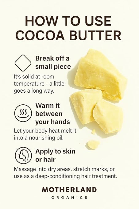 Motherland Organics Unrefined African Cocoa Butter Moisturiser for Body & Face, Pure Raw Cacao Skin Food Used to Make Lip Balm & Lotion 200G - Image 2