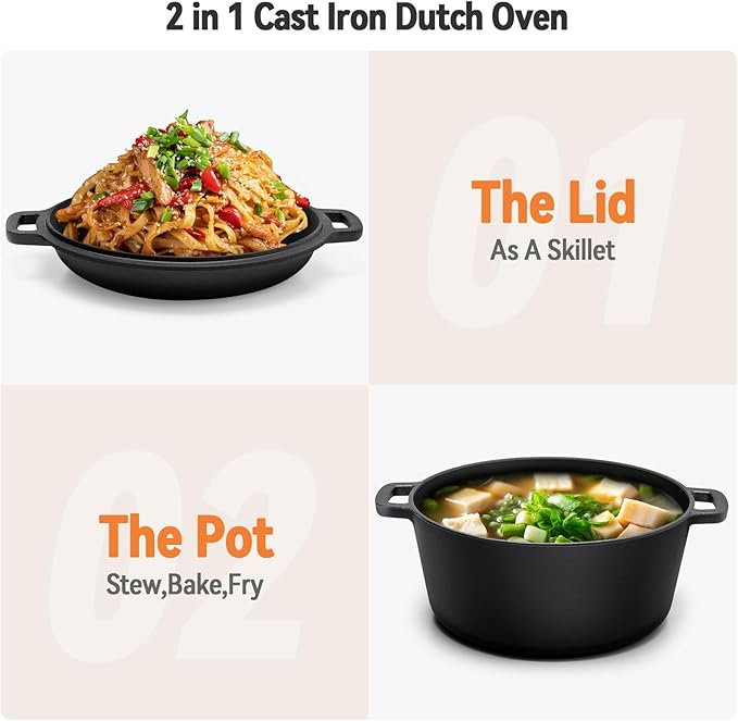 Warmiehomy 2 in 1 Cast Iron Dutch Oven,5L Pre-Seasoned Cast Iron Pot with Skillet Lid,Non-Stick Skillet and Pot Set with Two Handles for Indoor Outdoor,26cm - Image 3