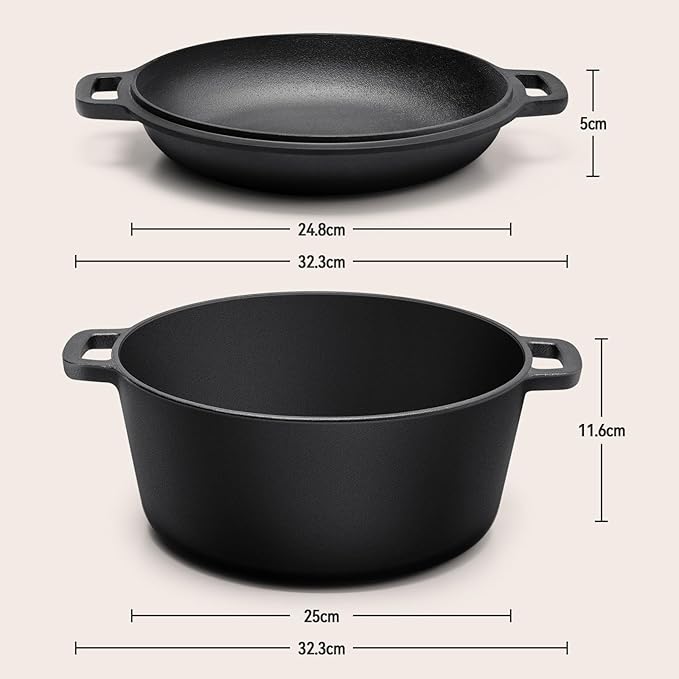 Warmiehomy 2 in 1 Cast Iron Dutch Oven,5L Pre-Seasoned Cast Iron Pot with Skillet Lid,Non-Stick Skillet and Pot Set with Two Handles for Indoor Outdoor,26cm - Image 5