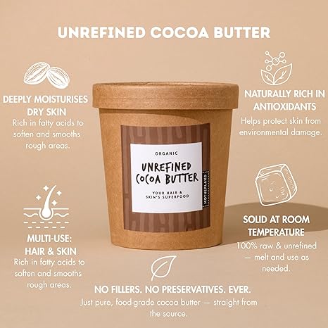 Motherland Organics Unrefined African Cocoa Butter Moisturiser for Body & Face, Pure Raw Cacao Skin Food Used to Make Lip Balm & Lotion 200G - Image 5