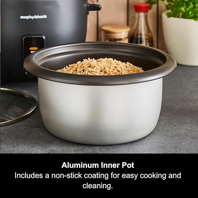 Morphy Richards Rice Cooker, 1.5L, 8 Cups, Compact, Automatic Cooking, User Friendly, Non-stick Aluminum Inner Pot, Glass Lid, Easy Clean, Keep Warm, Includes Steam Tray and Accessories, 471001 - Image 4