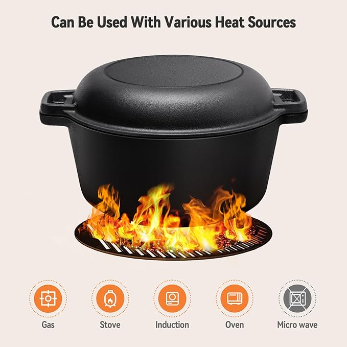 Warmiehomy 2 in 1 Cast Iron Dutch Oven,5L Pre-Seasoned Cast Iron Pot with Skillet Lid,Non-Stick Skillet and Pot Set with Two Handles for Indoor Outdoor,26cm - Image 4