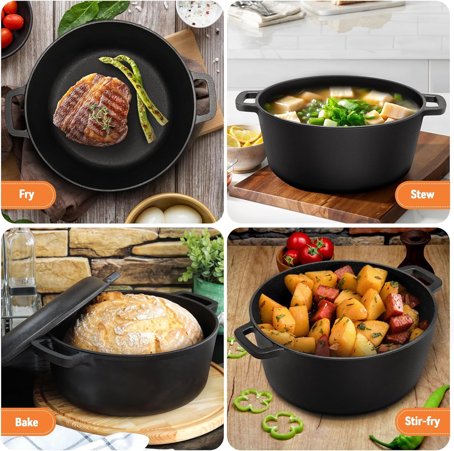 Warmiehomy 2 in 1 Cast Iron Dutch Oven,5L Pre-Seasoned Cast Iron Pot with Skillet Lid,Non-Stick Skillet and Pot Set with Two Handles for Indoor Outdoor,26cm - Image 2