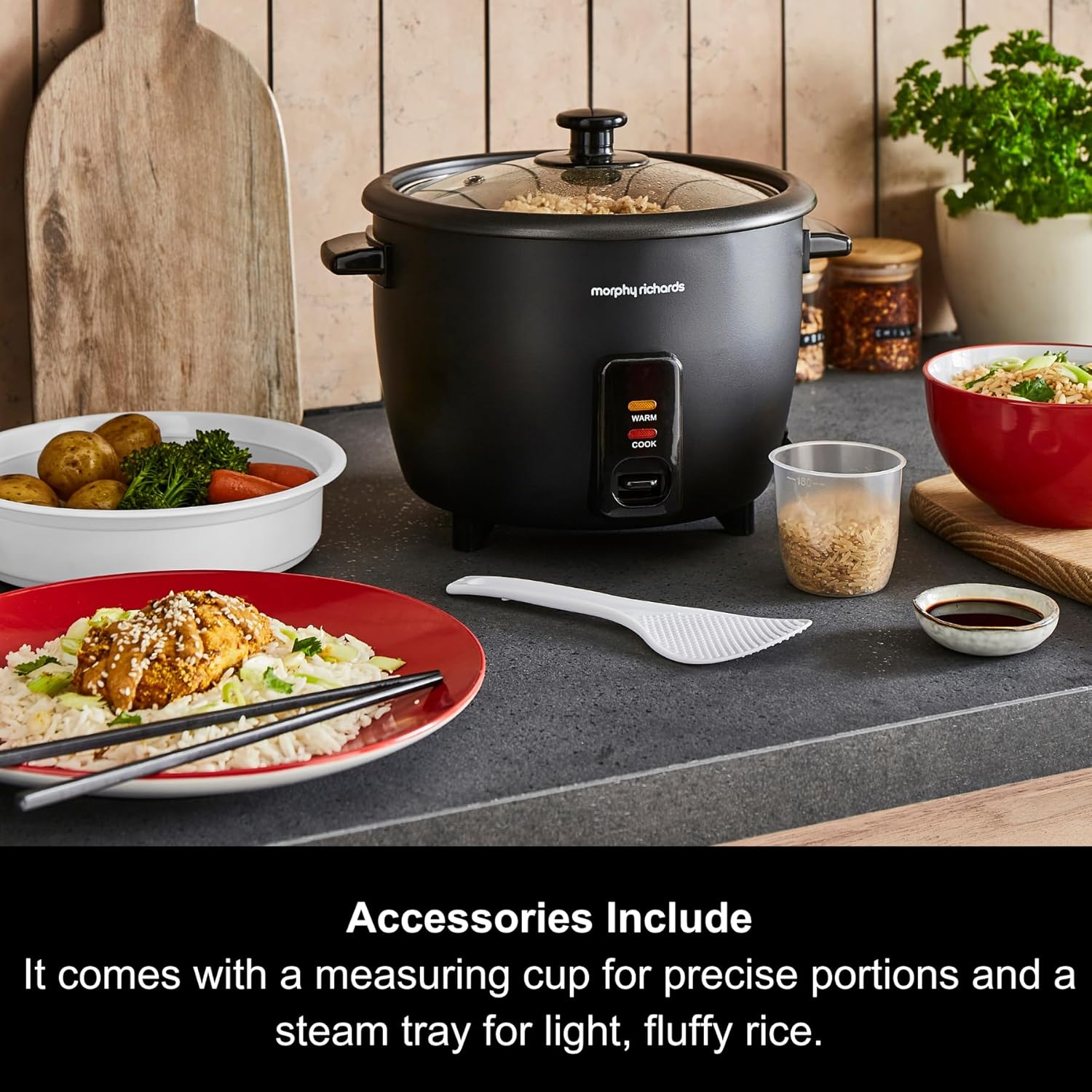 Morphy Richards Rice Cooker, 1.5L, 8 Cups, Compact, Automatic Cooking, User Friendly, Non-stick Aluminum Inner Pot, Glass Lid, Easy Clean, Keep Warm, Includes Steam Tray and Accessories, 471001 - Image 6