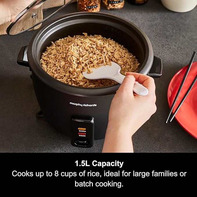 Morphy Richards Rice Cooker, 1.5L, 8 Cups, Compact, Automatic Cooking, User Friendly, Non-stick Aluminum Inner Pot, Glass Lid, Easy Clean, Keep Warm, Includes Steam Tray and Accessories, 471001 - Image 5