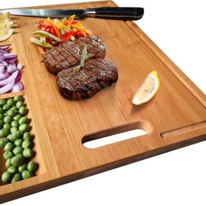 NIUXX Bamboo Cutting Board for Kitchen, Chopping Board with 3 Built-in Compartments & Juice Grooves, Serving Tray for Meats Vegetable Fruits, 38.5 x 27 x 1.5 cm Butcher Block, Carving Board
